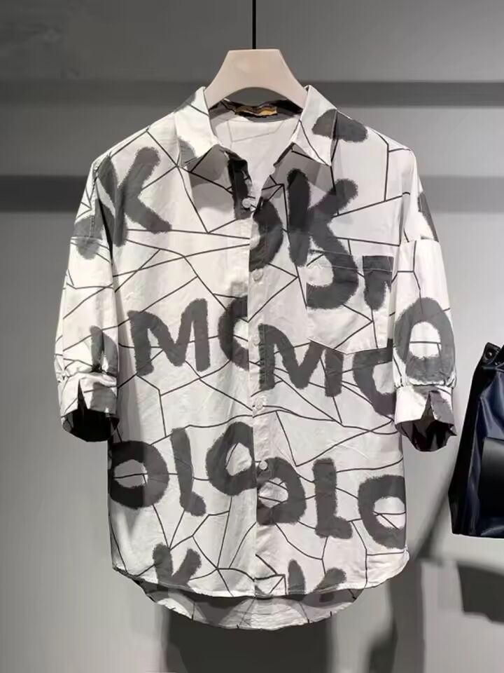 Summer New Mens Striped Letters Printed Casual Shirt Loose Fit Tops Streetwear Short Sleeve Lapel Collar Single Breasted Shirts