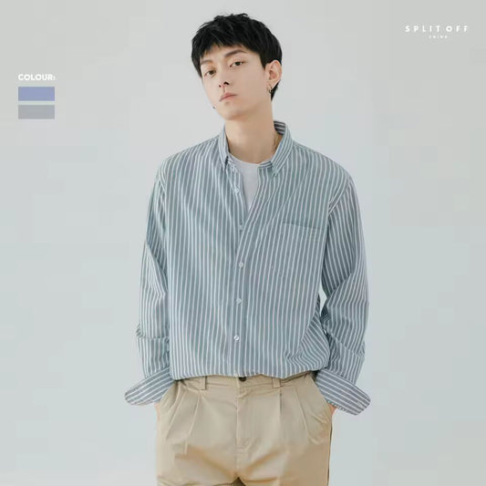 Shirt Men'sTemperament Simple High-end Sense Solid Color Striped Refreshing Trendy Fashion Vertical Striped Top Long Sleeve