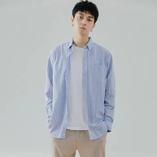 Shirt Men'sTemperament Simple High-end Sense Solid Color Striped Refreshing Trendy Fashion Vertical Striped Top Long Sleeve