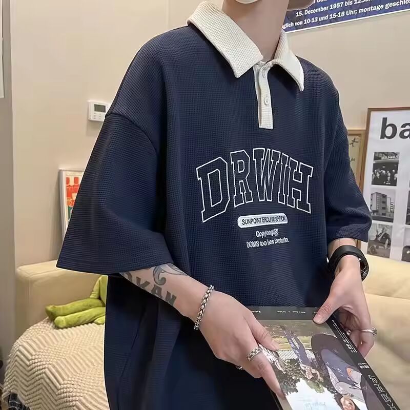 Waffle Polo Shirts For Women Men Short Sleeve Summer Harajuku Tees Oversized Pullover Tops Male Button Turn-down Collar T-shirts
