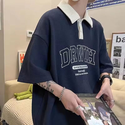 Waffle Polo Shirts For Women Men Short Sleeve Summer Harajuku Tees Oversized Pullover Tops Male Button Turn-down Collar T-shirts